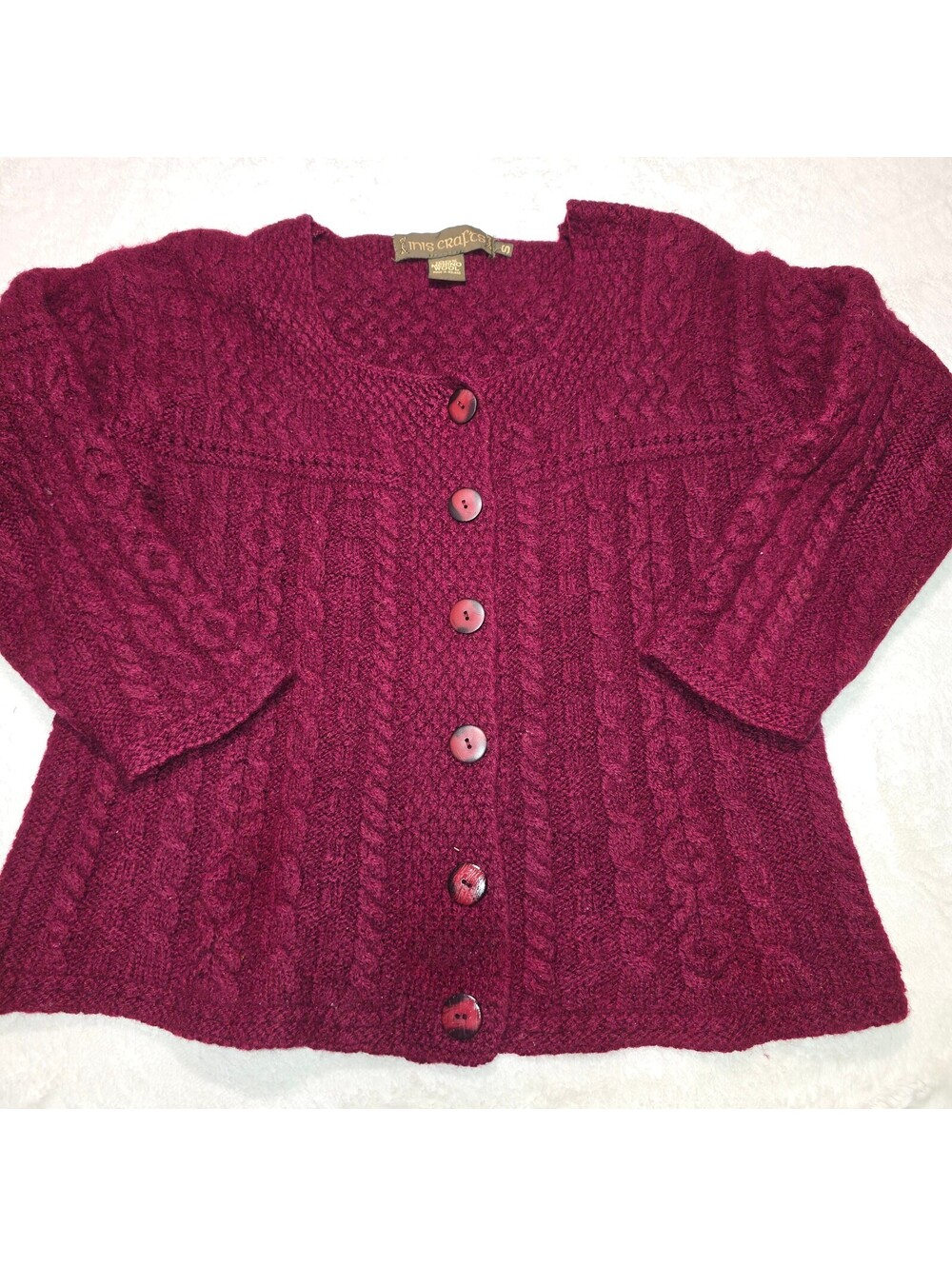 Inis Crafts Ireland Merino Wool Cable Knit Cardigan Sweater Burgundy Women's S